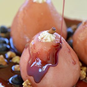 Poached Pears with Italian Cream Cheese and a Mulled Wine Reduction